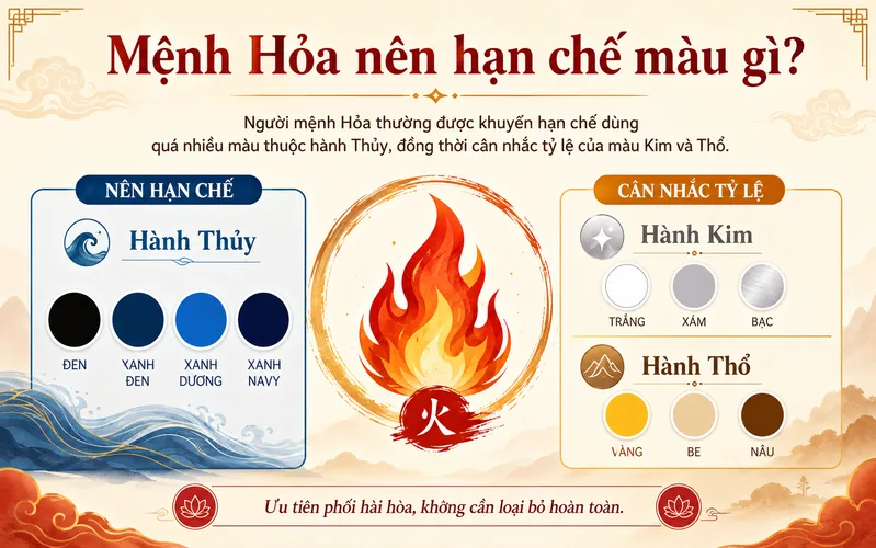 Người mệnh Hỏa thường được khuyên hạn chế dùng quá nhiều màu thuộc hành Thủy, đồng thời cân nhắc tỷ lệ của màu Kim và Thổ.