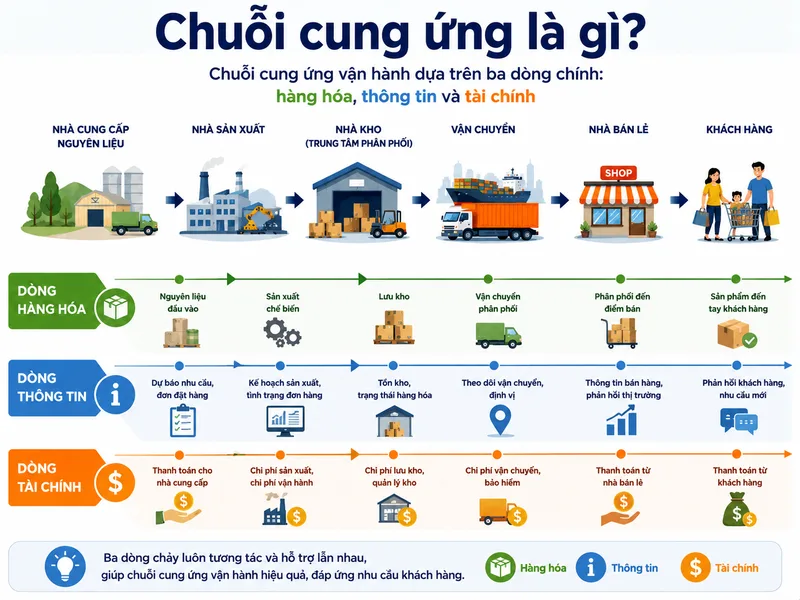 Chuỗi cung ứng vận hành dựa trên ba dòng chính: hàng hóa, thông tin và tài chính
