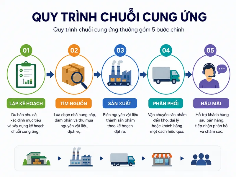 Quy trình chuỗi cung ứng thường gồm lập kế hoạch, tìm nguồn, sản xuất, phân phối và hậu mãi