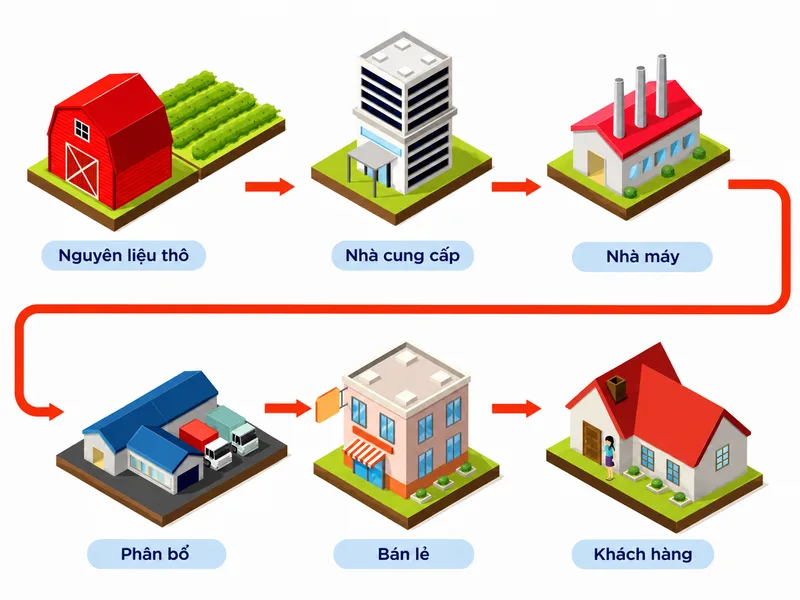 Chuỗi cung ứng kết nối nhà cung cấp, nhà sản xuất, kho hàng, vận tải và người tiêu dùng