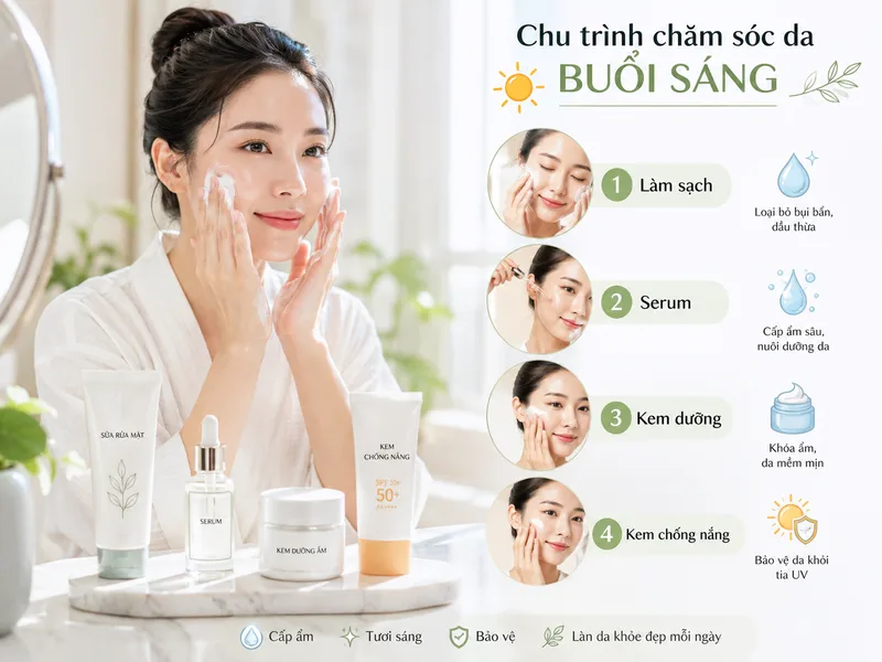 Chu trình buổi sáng gồm làm sạch, serum, kem dưỡng và kem chống nắng để cấp ẩm và bảo vệ da