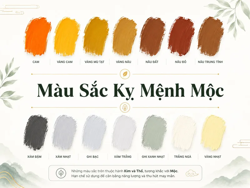 Vàng đất, nâu đất và cam đất nên được dùng tiết chế nếu người mệnh Mộc muốn tuân theo nguyên tắc ngũ hành.