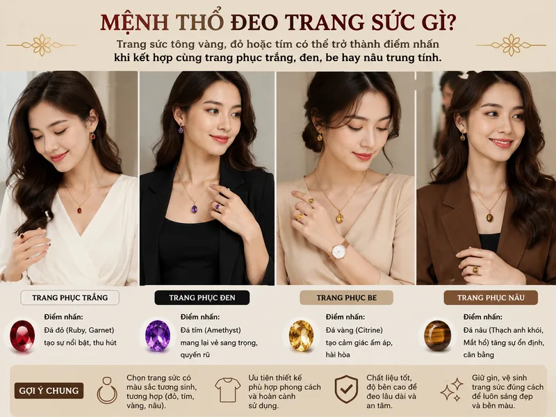 Ruby, garnet, amethyst, citrine, thạch anh khói và mắt hổ là những loại đá thường được lựa chọn cho trang sức mệnh Thổ.
